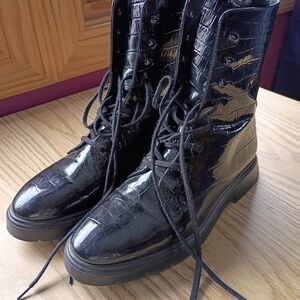 Black Croc-Embossed Lace-Up Boots